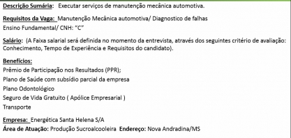 Energética Santa Helena contrata mecânico automotivo