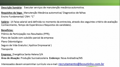 Energética Santa Helena contrata mecânico automotivo