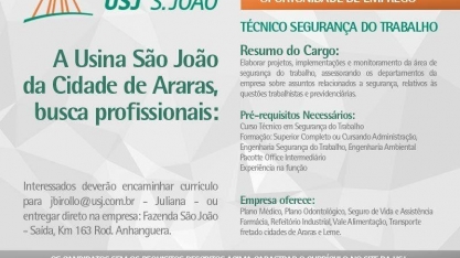 Usina São João, de Araras, São Paulo contrata