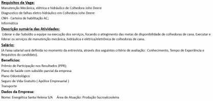 Energética Santa Helena contrata mecânico líder em manutenção