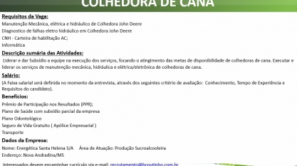 Energética Santa Helena contrata mecânico líder em manutenção