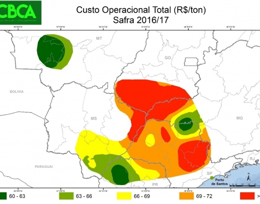 Custo operacional de produção (R$/t) de cana-de-açúcar por produtores na safra 2016/17. Fonte: Projeto Campo Futuro, 2017.