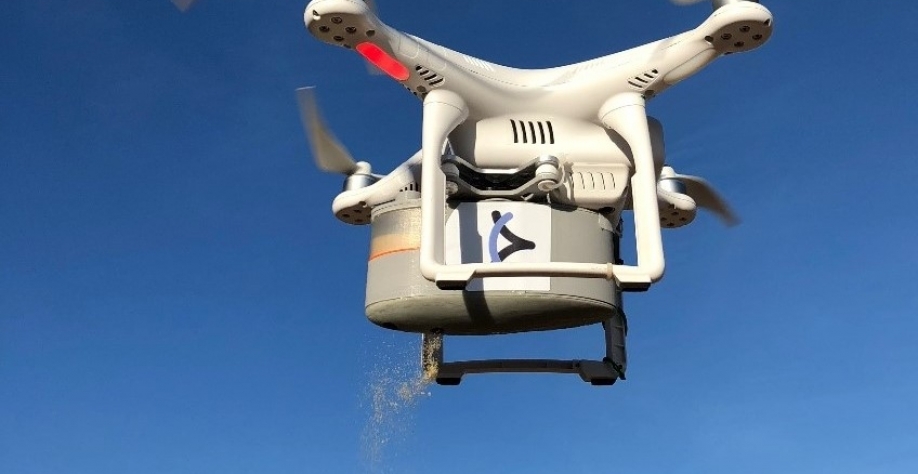 Drone liberando o parasitoide Tetrastichus howardi para o controle da broca-da-cana
