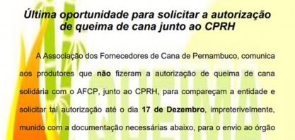 Produtor ainda pode solicitar na AFCP a autorização da CPRH para queima da cana