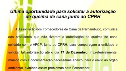 Produtor ainda pode solicitar na AFCP a autorização da CPRH para queima da cana