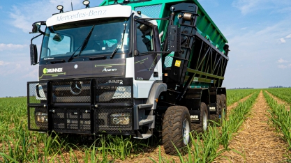 Agrocana Caiana conta com cinco caminhões transbordo com direção autônoma em operação na colheita da cana-de-açúcar
