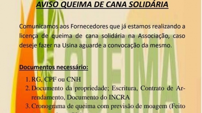 Canavieiro associado da AFCP tem até o próximo dia 16 para pedir licença de queima sem custo