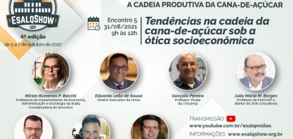 Tendências na cadeia da cana-de-açúcar sob a ótica socioeconômica é o tema do 5º Encontro Preparatório do Esalqshow