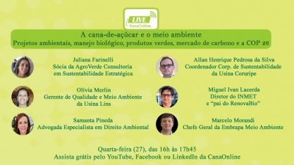 A Cana-de-açúcar e o Meio Ambiente é a próxima live da CanaOnline