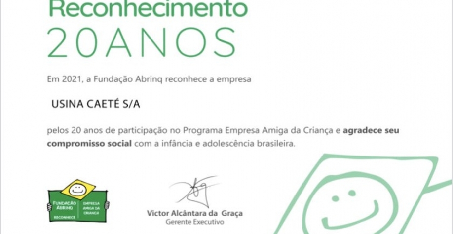 A Usina Caeté recebeu o diploma em comemoração aos 20 anos de parceria com a Fundação Abrinq - Foto: Assessoria