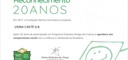 Usina Caeté recebe reconhecimento pelos 20 anos de parceria com a Abrinq
