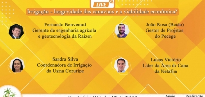 Confira os links para acompanhar a live: Irrigação - longevidade dos canaviais e a viabilidade econômica