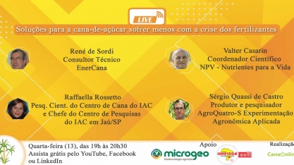 Nesta quarta, 13, tem a live: “Soluções para a cana-de-açúcar sofrer menos com a crise dos fertilizantes “