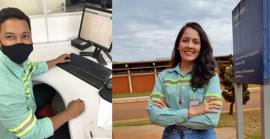 Matheus Moreira, jovem aprendiz na usina Moema, em Orindiúva (SP), e Alice Hübner, estagiária na unidade de Edeia (GO)