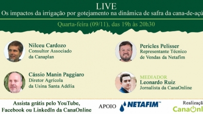 Hoje, quarta-feira, tem a live: “Os impactos da irrigação por gotejamento na dinâmica de safra da cana-de-açúcar”