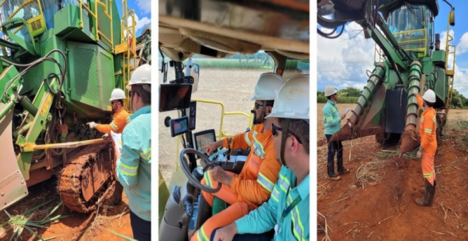 Instrutor (camisa verde) e operador de máquina durante treinamento em unidade da BP Bunge Bioenergia. A Companhia remodelou capacitações e criou indicadores para mensurar resultados na área agrícola. (Foto: Divulgação) 