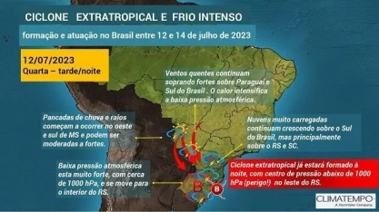 Ciclone deve se formar no Sul do país e provocar ventos de até 120 km/h e risco de granizo na região
