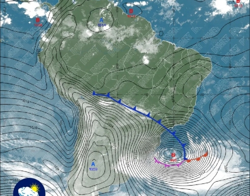 Frente fria chega ao centro-sul, impulsionada pela passagem de um ciclone extratropical. — Foto: Reprodução/INMET