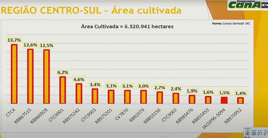 Na região Centro-Sul, a variedade mais cultivada é a CTC4 (13,7%), seguida de perto pela RB867515 (12,6%) e RB966928 (12,5%). Divulgação Programa Cana IAC