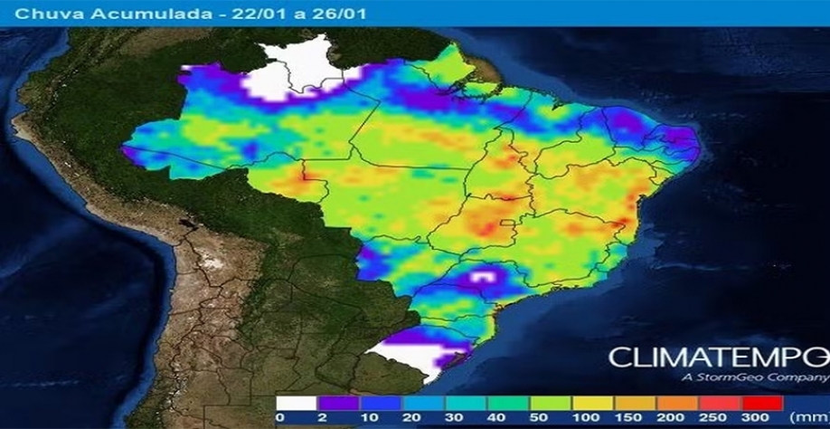 Mapa de chuva acumulada no Brasil até dia 26/1 — Foto: Climatempo/Reprodução