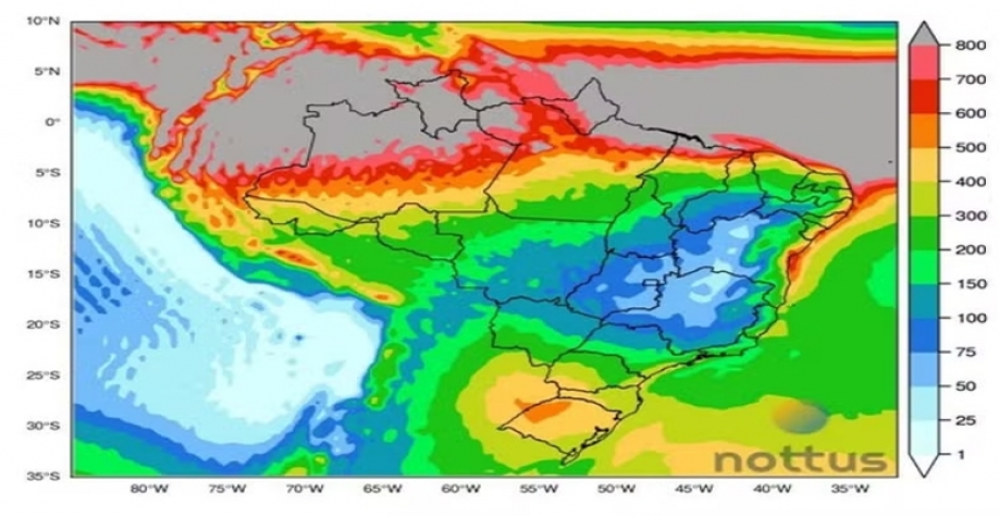 O modelo europeu sugere uma estação com chuva abaixo da média desde o Paraná até o Tocantins — Foto: Nottus/Reprodução