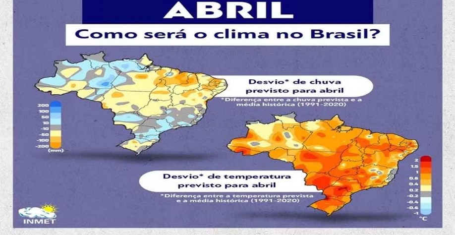Mapas do Inmet indicam como será as chuvas e temperaturas no Brasil ao longo de abril — Foto: INMET/Reprodução