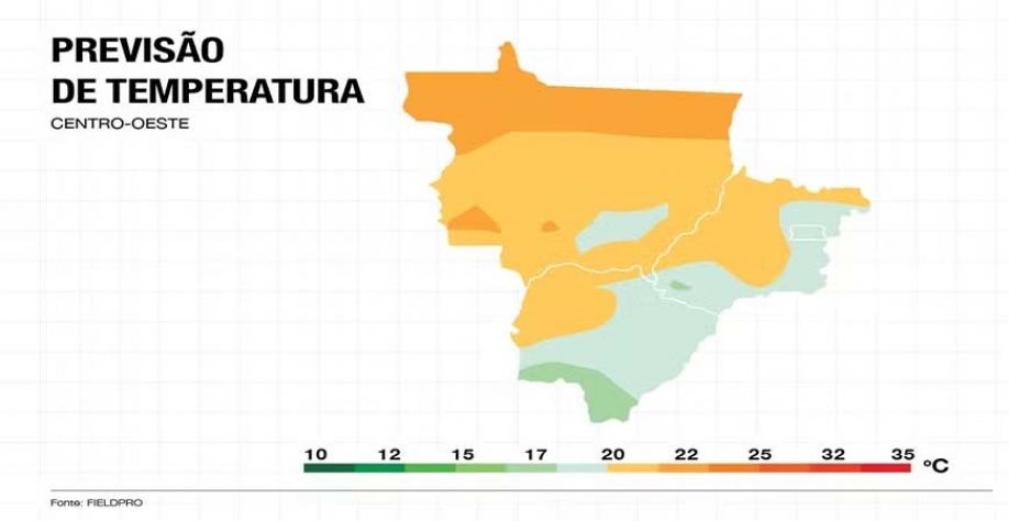 Região segue com temperaturas amenas e sem chuvas — Foto: Fonte: FieldPro / Arte: Globo Rural