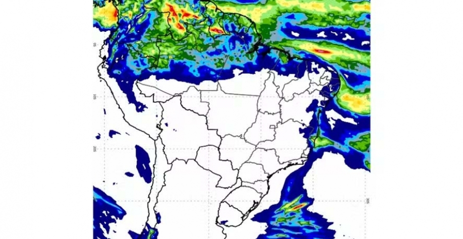 Chuva acumulada para as próximas 24 horas no Brasil mostra que deve chover apenas nos extremos do país — Foto: Inmet