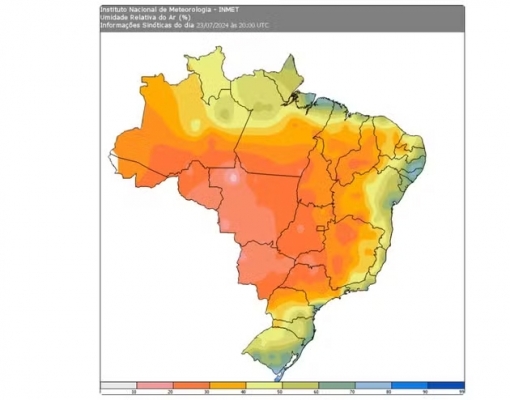 Mapa de umidade relativa do ar desta terça-feira no Brasil — Foto: Inmet