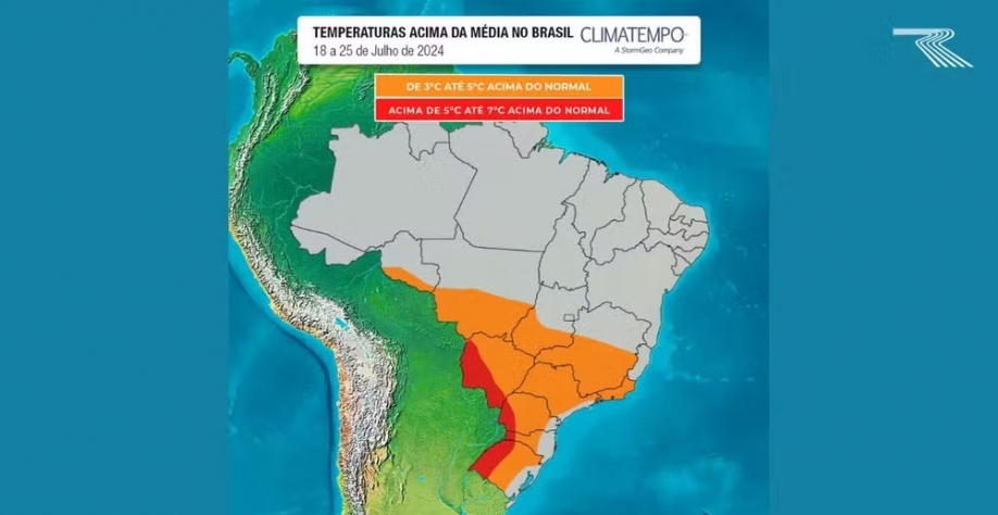 Veranico vai manter tardes quentes nas áreas em vermelho e laranja — Foto: Climatempo