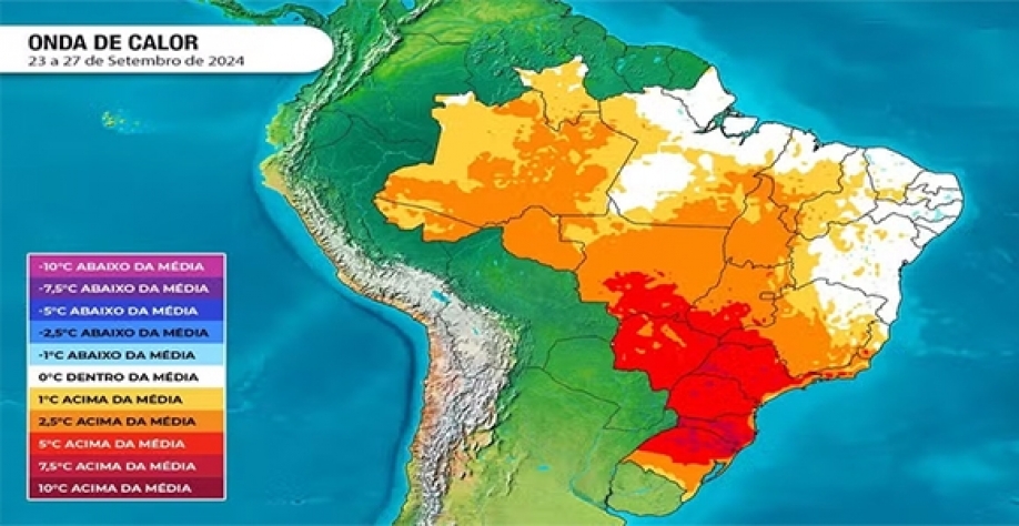 Mapa mostra variação em relação a média de temperatura no Brasil entre segunda-feira e sexta-feira — Foto: Climatempo