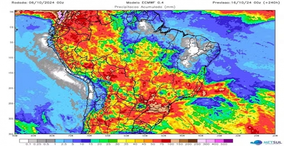 Previsão de chuva acumulada em dez dias no Brasil — Foto: MetSul Meteorologia