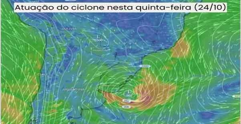 Ciclone está em formação nesta quarta-feira e vai atuar na quinta-feira — Foto: Windy/Reprodução
