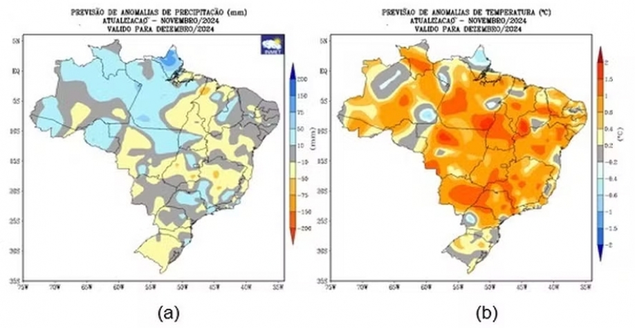 Previsão de anomalias de (a) precipitação e (b) temperatura média do ar do modelo climático do Inmet — Foto: Inmet