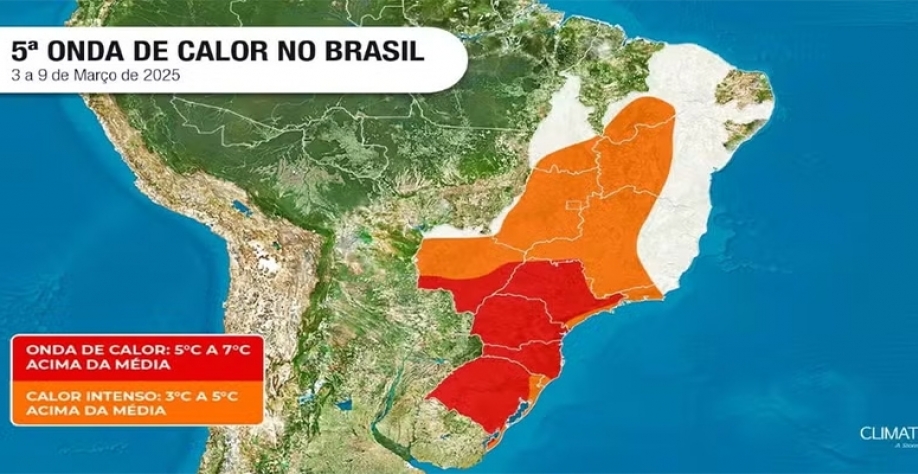 Zonas em vermelho devem registrar de cinco a sete graus acima da média — Foto: Divulgação/Climatempo