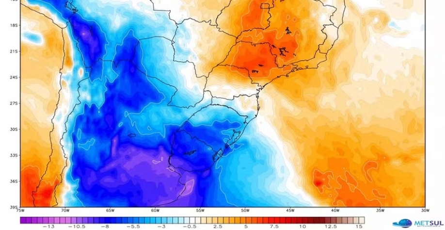 Mapa mostra a chegada da frente fria pelo Rio Grande do Sul, prevista para o fim de semana — Foto: MetSul Meteorologia