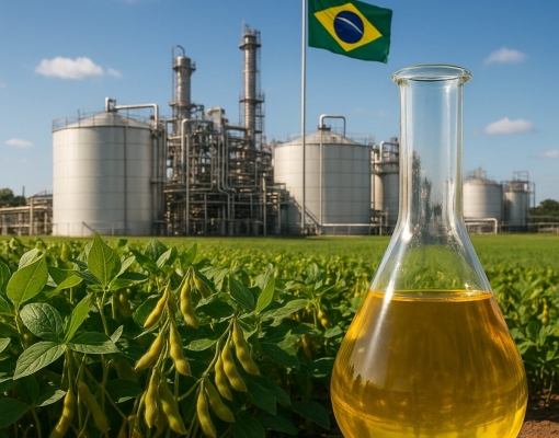 Campo de soja, frasco de biodiesel e usina ao fundo simbolizam o avanço da produção nacional de biocombustível