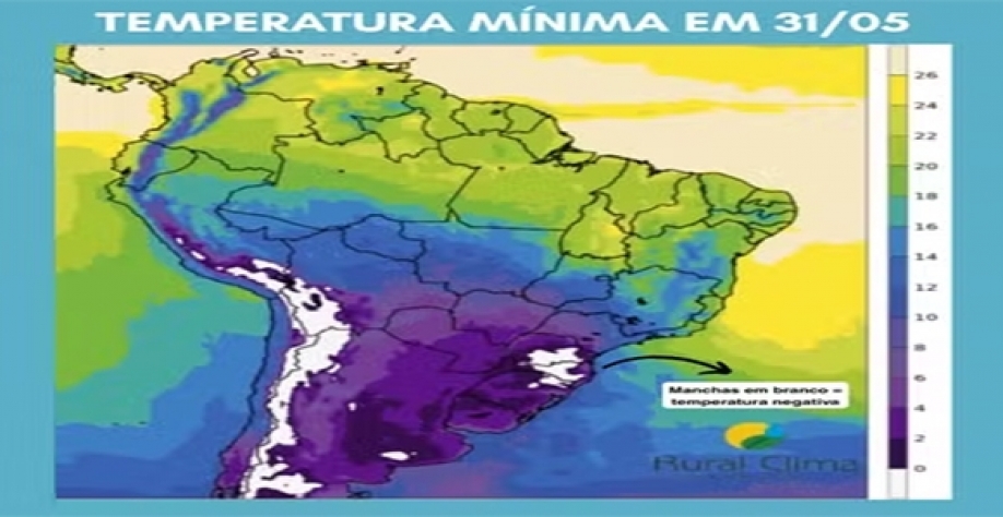 As manchas em branco significam temperaturas negativas — Foto: Rural Clima