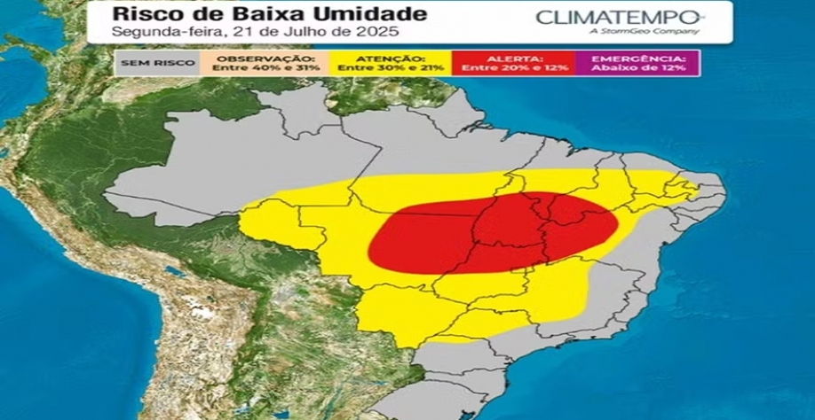 Mapa da Climatempo indica que áreas do interior do Brasil estão em estado de alerta devido à baixa umidade do ar — Foto: Divulgação/Climatempo