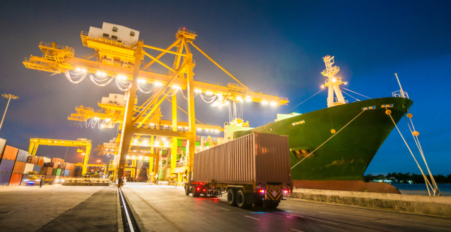 Container ship in the harbor in Asia