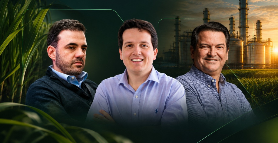 CFO do Grupo São Martinho, Felipe Vicchiato, o CEO da CerradinhoBio, Renato Pretti, e o diretor Administrativo Financeiro da Viralcool, Ricardo Toniello. | Ilustração gerada por Inteligência Artificial